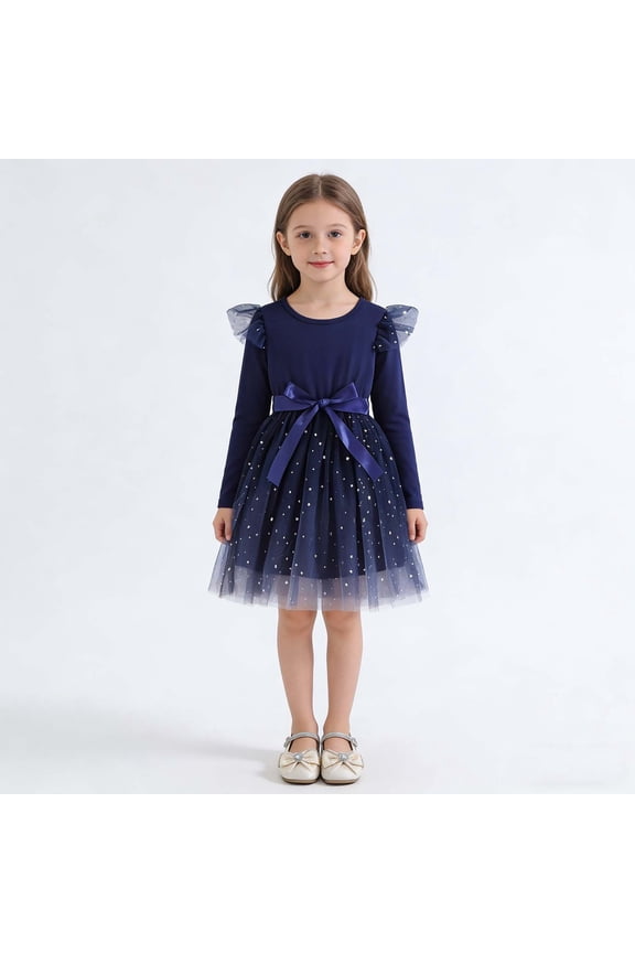 Kids Dress Long Sleeve Celestial Formal Gown Trendy Lovely Elegant Mesh Tulle for Fall and Party Dress Set