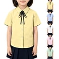 thumbnail image 1 of Kids Dress Shirt Girls Short Sleeve Peter Pan Blouse Elegant Bow Tie Button Down Casual Top for School Uniform Little Girls 3-12Y Cyan 150, 1 of 4