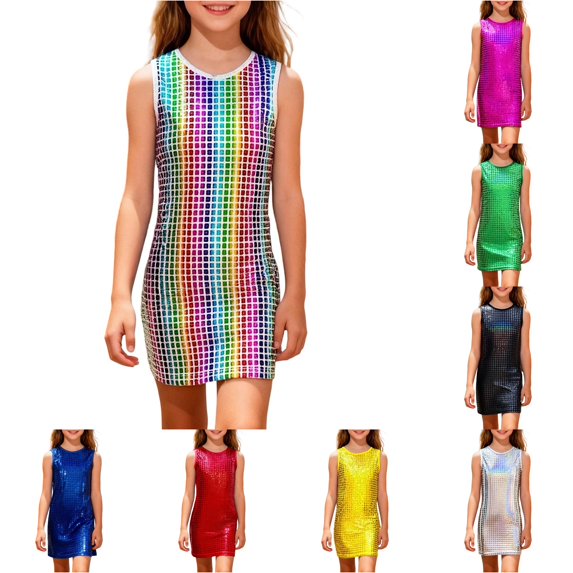 Kids Dress Sleeveless Sequin Printed Modern Playful Colorful Sequin for Casual Charming Dress Set
