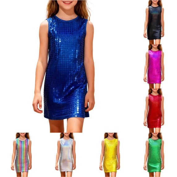 Kids Dress Sleeveless Sequin Printed Modern Playful Colorful Sequin for Casual Charming Dress Set