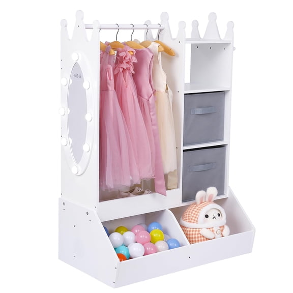 Kids Dress Up Storage, Kids Armoire with Mirror, Open Storage Bins, 3 Hooks and Touch Sensor Lights, Pretend Storage Closet Kids Costume Organizer Center for Girls Room