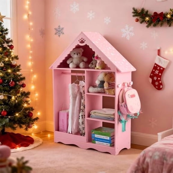 Kids Dress up Storage with Mirror and Shelves, Kids Armoire with 3 Storage Bins, Princess Pretend Costumes Wardrobe & Open Hanging Armoire Closet, Pink$$Home Decor, Kitchen, & Other