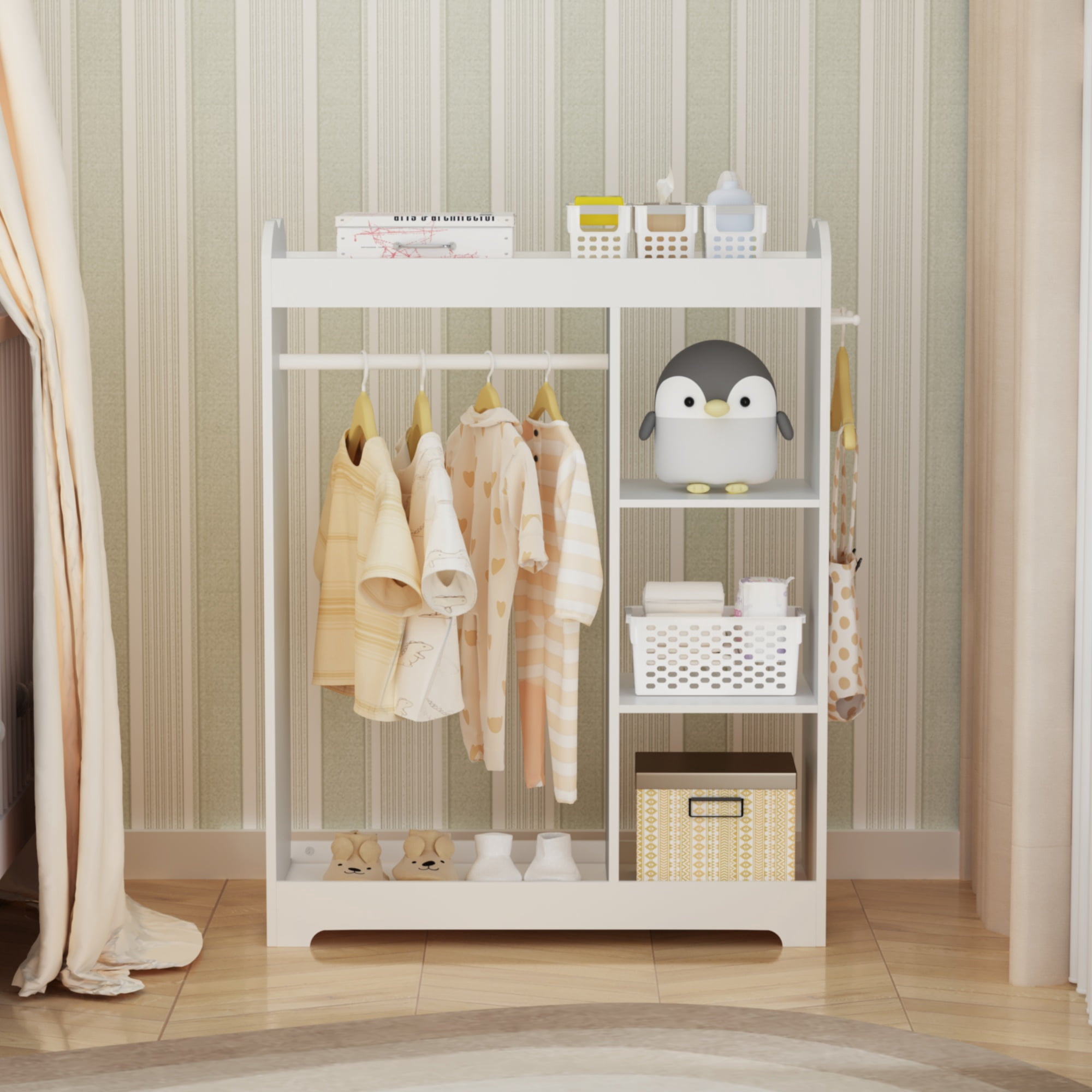 Kids Dress Up Storage Wardrobe with Full-Length Mirror and Hooks, Wooden Clothes Rack and Costume Organizer with Hanging Rod for Playroom, White