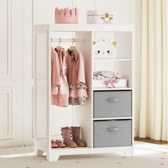 Kids Dress Up Storage with Full Length Mirror, Armoire 2 Bins, Opening Hanging Costume Closet Wardrobe, Pretend Dresser