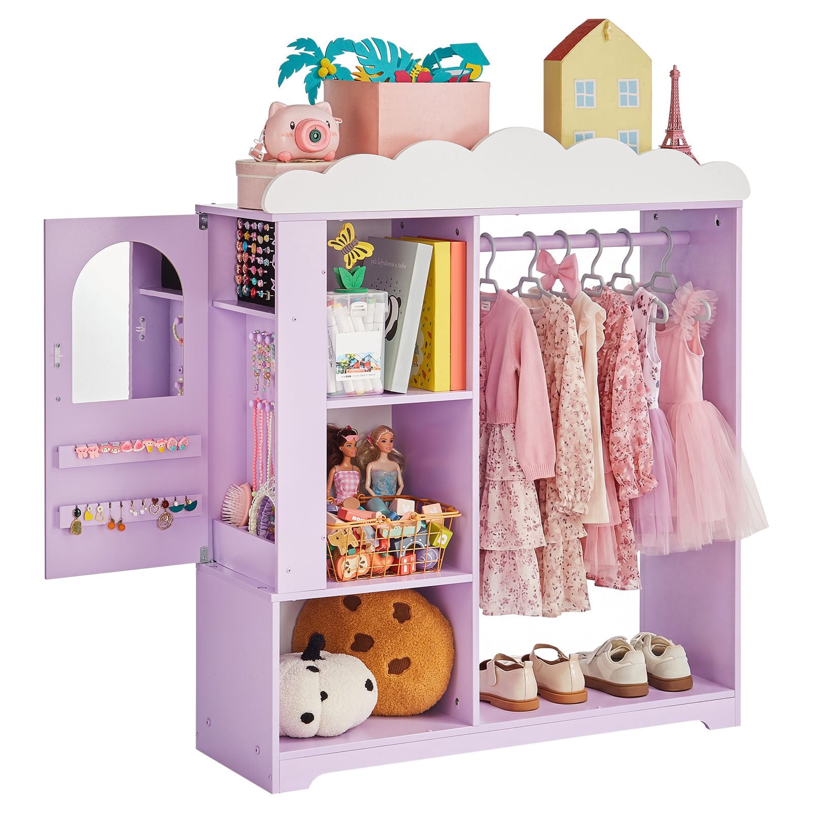 princess dress up organizer Princess Wardrobe w/Mirror, Complete Dress-Up Center w/ Storage, 4-Tier Shelves & Fabric Bins, Kids Closet Organizer for Clothes, Toys, Shoes