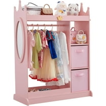 Kids Dress Up Storage with Mirror, Costume Organizer with Hanging Rod, 3 Shelves & 2 Bins, Dress Up Closet Armoire for Kidroom & Playroom