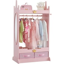Kids Dress Up Storage with Mirror, Kids Armoire with Non-Woven Drawers, Open Costume Closet with Hanging Rack for Toddlers (Pink)