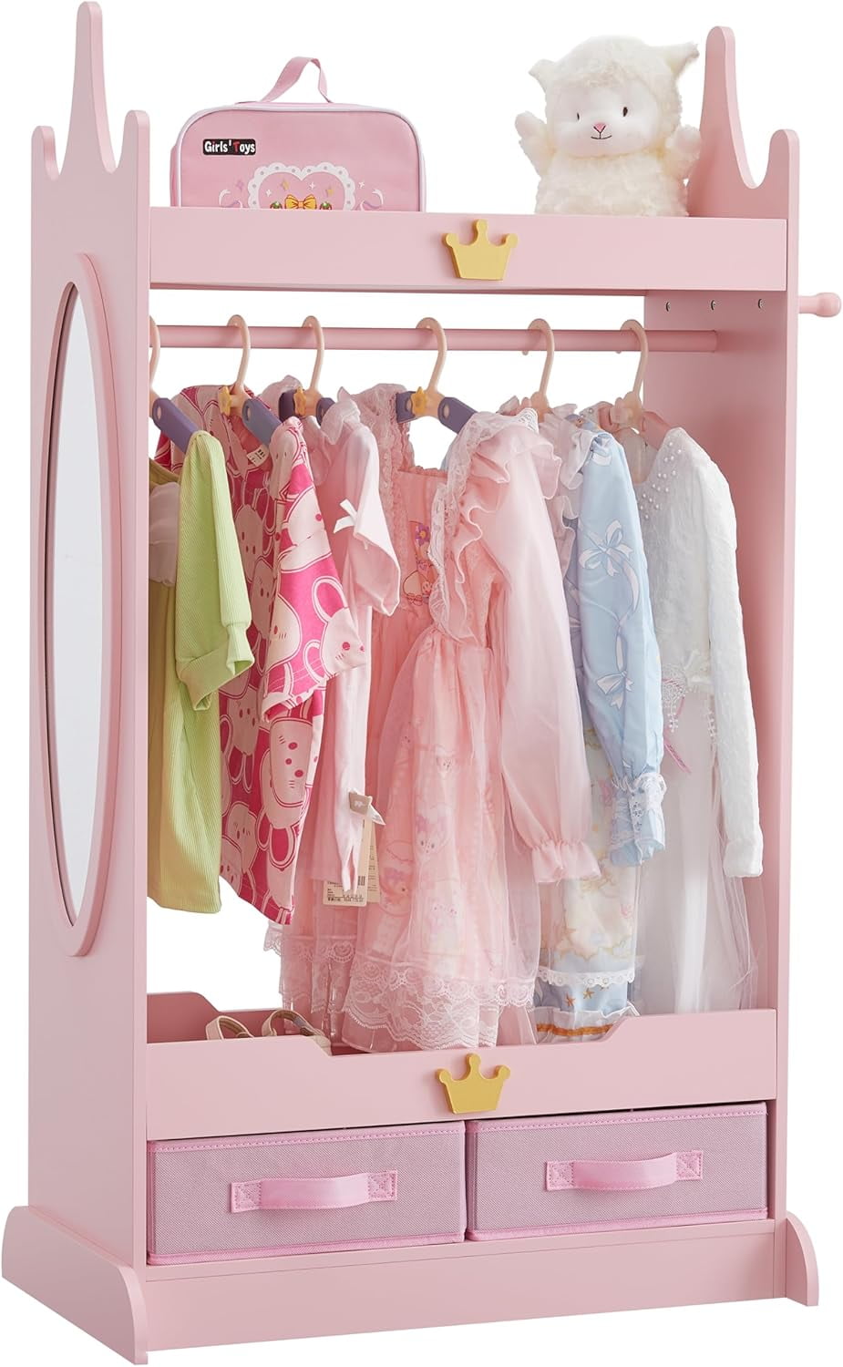 Pink MDF Kids Costume Closet with Mirror and Shelves