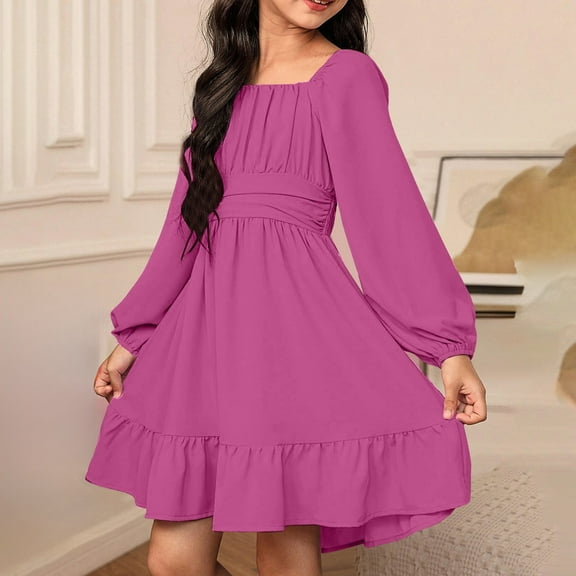 Kids Dress for Girls Pink Long Sleeve Fall Winter Birthday Dresses Christmas Dress 6-7 Years