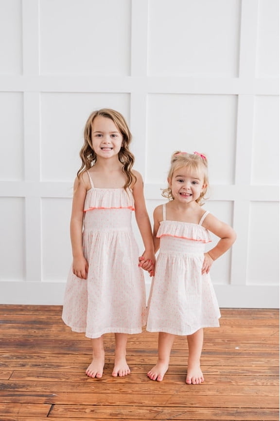 Neon Pink Cotton Dobby Yoke Ruffle Gathered Dress