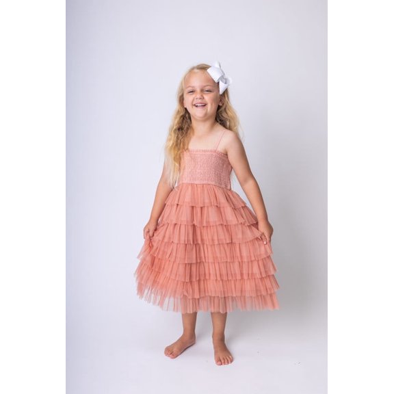 Dark Pink Tulle Solid Color Tiered Ruffle Dress