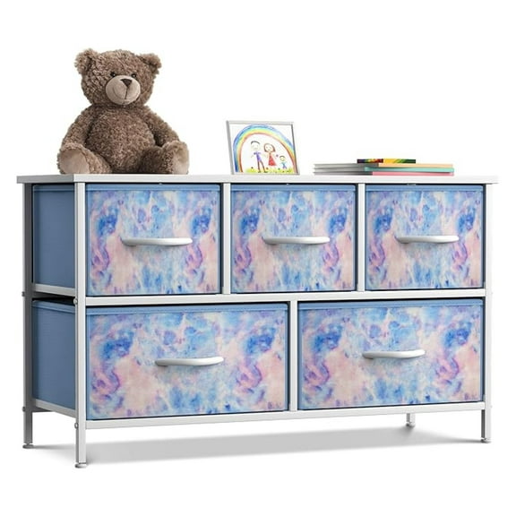 Kids Dresser with 5 Drawers - Storage Chest Organizer Unit with Steel Frame, Wood Top, Easy Pull Fabric Bins - Long Wide TV Stand for Bedroom Furniture, Hallway, Closet & Office Organization