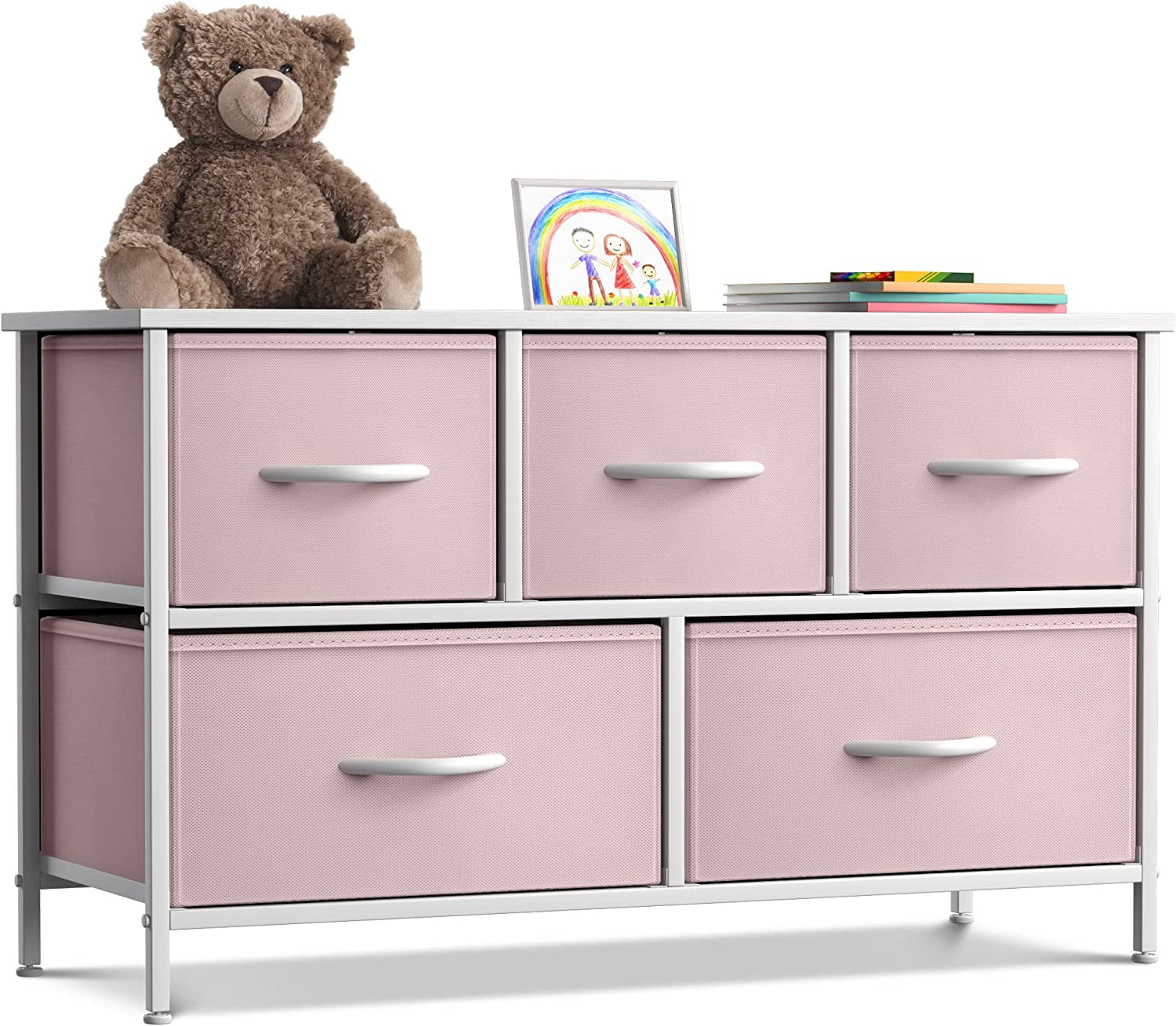 Pastel Pink 5-Drawer Fabric Storage Dresser with Steel Frame