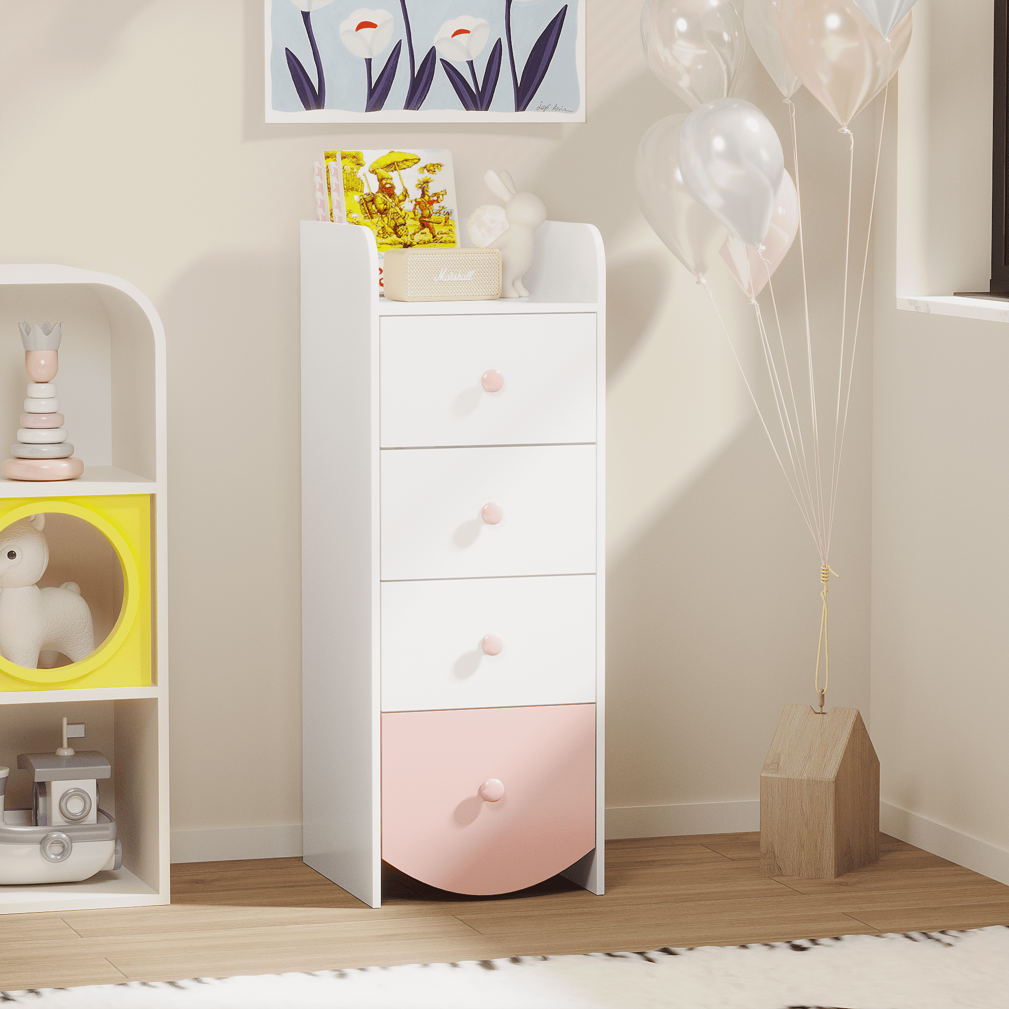 Kids Dresser with 4 Drawers, Narrow Storage Cabinet for Kids Room, MDF Chest of Drawers with Round Bottom Design, Nursery Bedroom Organizer, White