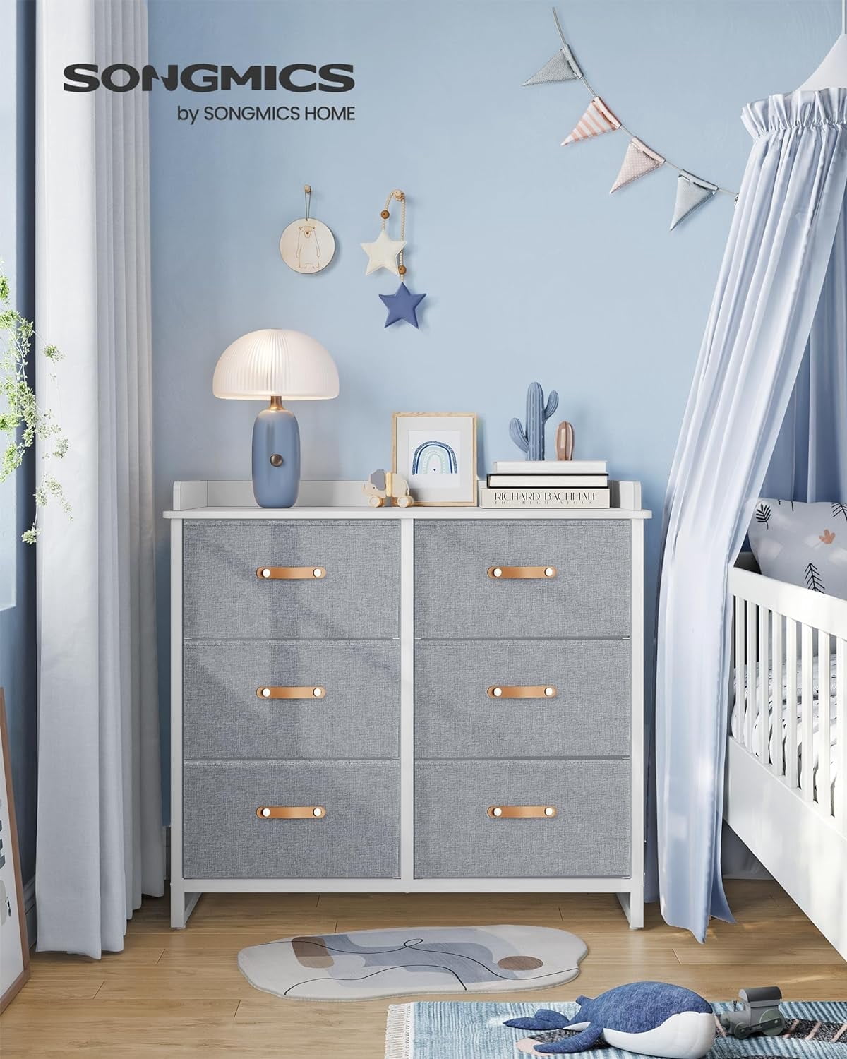 grey kids dresser SONGMICS with 6 Drawers, Boys Girls Dresser, with Water-Resistant Tabletop, Storage Organizer Cabinet, for Bedroom Hallway, Gray Dresser chest