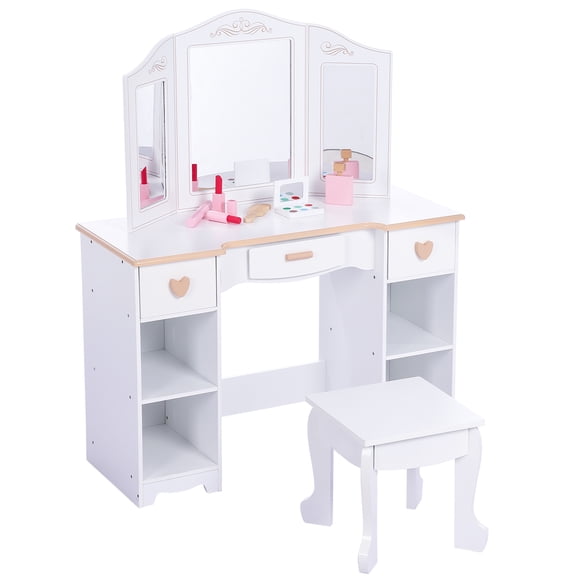 Kids Dressing Table and Stool Set, Pretend Play Girls Vanity Desk with Tri-Folding Mirror, 3 Drawers, 4 Storage Shelves & Accessories, Princess Makeup Table for Bedroom or Playroom, White
