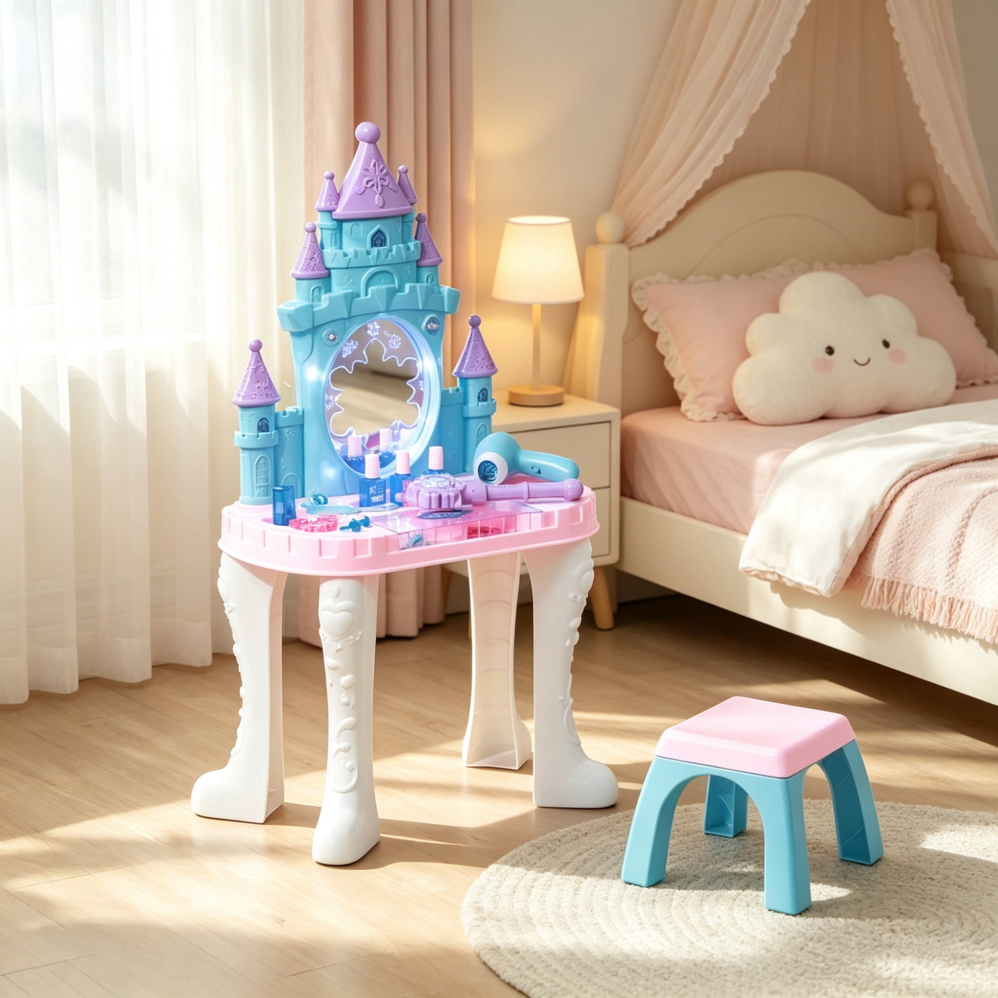 Kids Dressing Table with Mirror Lights and Magic Wand for Ages 3-6