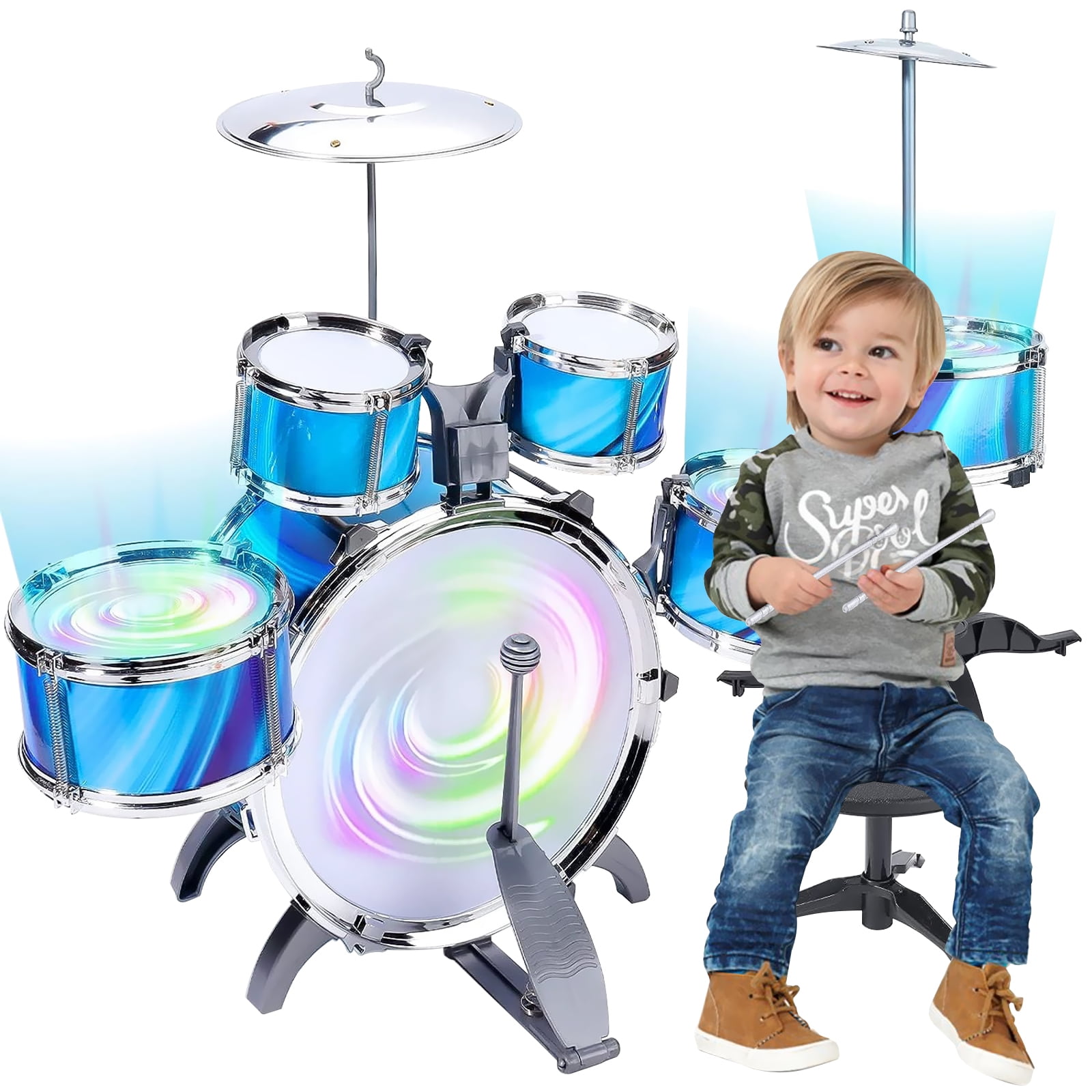 15-Piece Kids Drum Set with Drums, Cymbals, Lights for