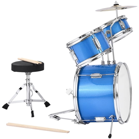 Kids Drum Set, 3-Piece 14 in Junior Drum Sets, Beginner Drums Set with Adjustable Throne, Cymbal & Two Pairs of Drumsticks, Musical Learning Drums Instruments Kit, for Children Ages 6-13 (Blue)
