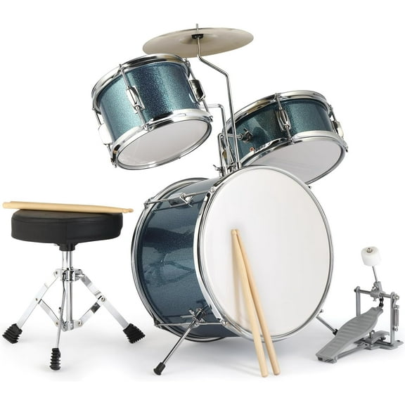Kids Drum Set, 3-Piece Junior Beginners Drum Kit with Throne Stool, Bass Drum Pedal & 2 Drumsticks, 14 Inch Drum Musical Instruments W/Cymbal, Tom and Snare Drum for 3 Years Old+ (Blue)