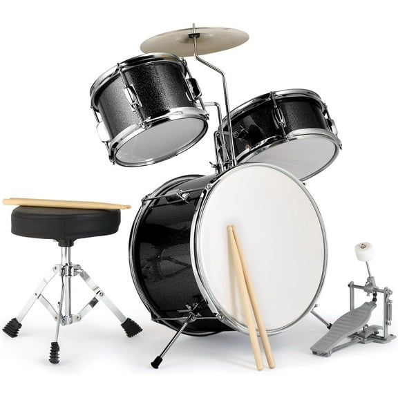 Kids Drum Set, 3-Piece Junior Beginners Drum Kit with Throne Stool, Bass Drum Pedal & 2 Drumsticks, 14 Inch Drum Musical Instruments W/Cymbal, Tom and Snare Drum for 3 Years Old+ (Black)