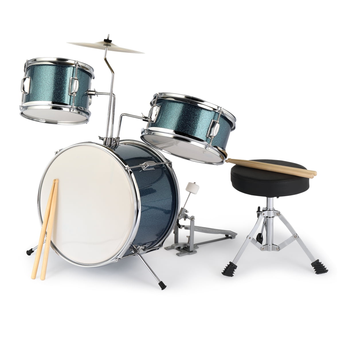 Kids Drum Set, 3-Pieces Junior Beginner Drum Kit with Adjustable Throne Stool, Bass Drum Pedal and 2 Drumsticks, 14 Inch Drum Musical Instruments with Cymbal, Tom and Snare Drum, Sky Blue
