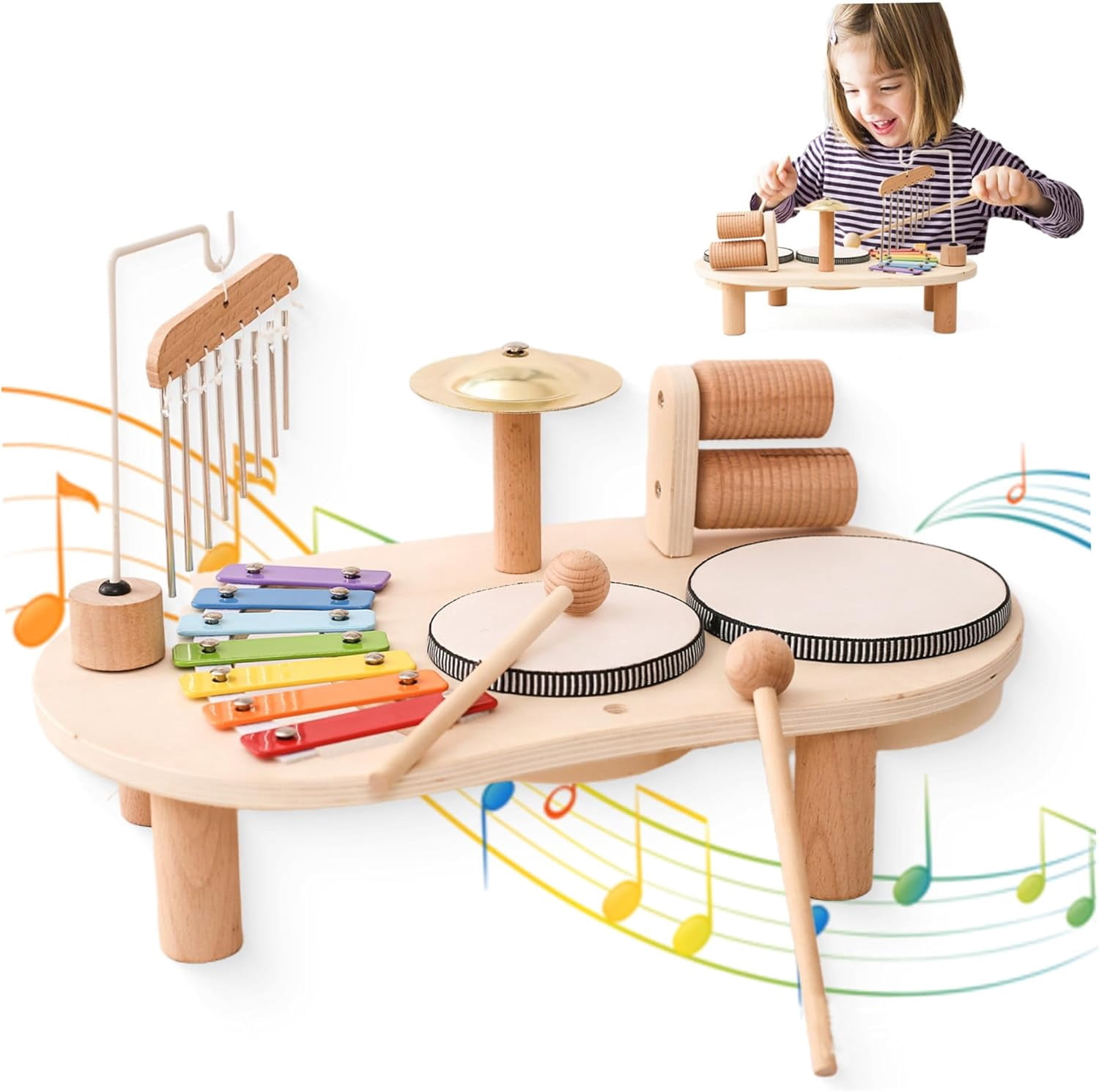Kids Drum Set 5 in 1 Wooden Toddler Drum Set Educational Kids Musical Instruments Baby Safe Enlightening Percussion Instruments for Birthday (1Set)
