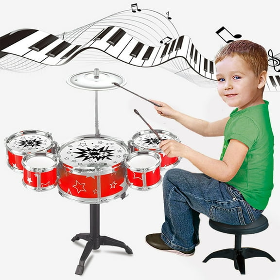 Kids Drum Set, Toddler Jazz Drum Music Toys 5 Drums with Stool Pedal Percussion Musical Instruments Drum Birthday Early Education Xmas Gift Toys for 3 4 5 Year Old Girls Boys