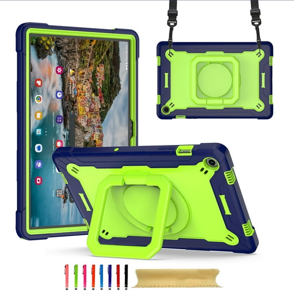 Kids Durable Handle Case for Samsung Galaxy Tab A9 8.7" 2023 SM-X110 / SM-X115, Silicone PC Heavy Duty Protection 360 Rotating Ring Stand/Adjustable Shoulder Strap for Tab A9, Navy/Green
