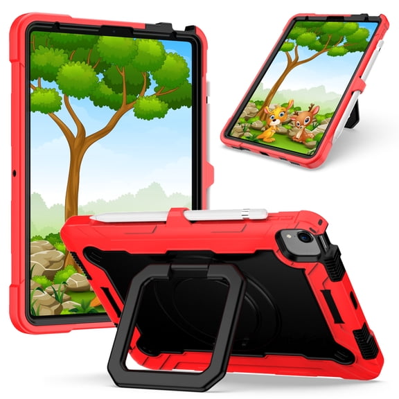 Kids Durable Handle Case for iPad Air 5th/4th Gen 10.9 inch, Silicone PC Heavy Duty Protection [360 Rotating Ring Stand/Adjustable Shoulder Strap] Tablet Case Cover for iPad Air 5th/4th,Red+Black