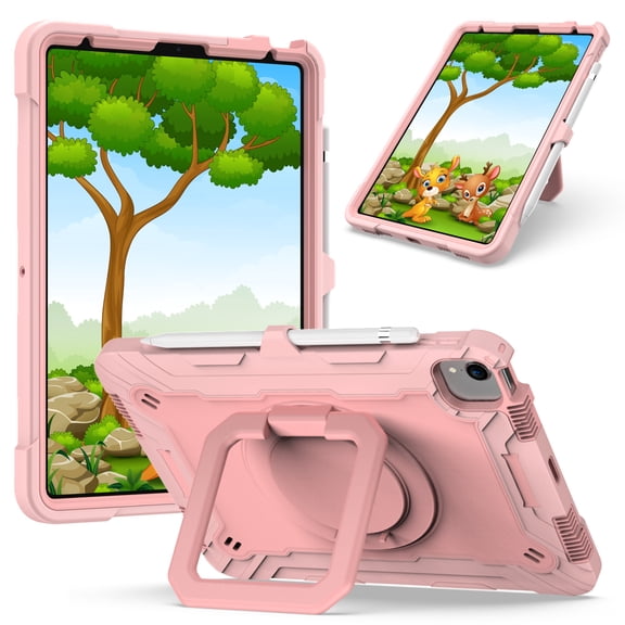 Kids Durable Handle Case for iPad Air 5th/4th Gen 10.9 inch, Silicone PC Heavy Duty Protection [360 Rotating Ring Stand/Adjustable Shoulder Strap] Tablet Case Cover for iPad Air 5th/4th,Rosegold