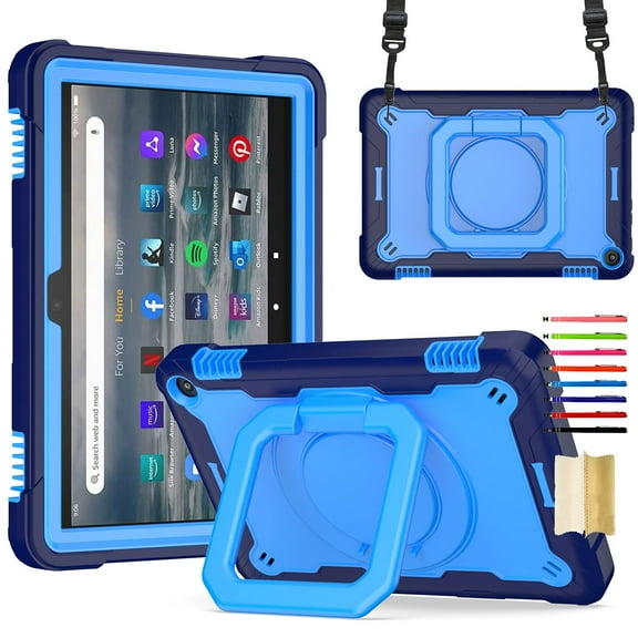 Kids Durable Handle Tablet Case for Amazon Kindle Fire HD8/HD8 Plus 2024/2022/2020, Silicone PC Heavy Duty Protection [360 Rotating Ring Stand/Adjustable Shoulder Strap], Navy/Blue