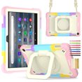 thumbnail image 1 of Kids Durable Handle Tablet Case for Amazon Kindle Fire HD8/HD8 Plus 2024/2022/2020, Silicone PC Heavy Duty Protection [360 Rotating Ring Stand/Adjustable Shoulder Strap], Colorful/Pink, 1 of 8