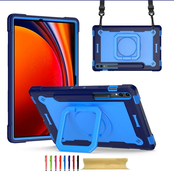 Kids Durable Handle Tablet Case for Samsung Galaxy Tab S9 Plus 12.4" 2023 SM-X810, Silicone PC Heavy Duty Protection [360 Rotating Ring Stand/Adjustable Shoulder Strap] for Tab S9 FE+, Navy+Blue