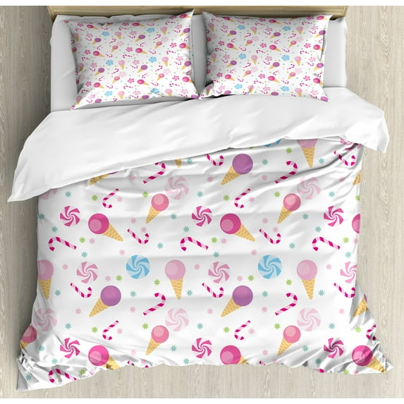 Kids Duvet Cover Set King Size, Sweets Pattern with Ice Cream Cones and Candy Stars Design Abstract Desserts Food, Decorative 3 Piece Bedding Set with 2 Pillow Shams, Multicolor, by Ambesonne