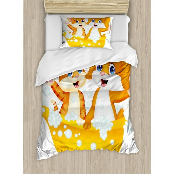 Animal Duvet Cover Set, Cartoon Style Cat and Dog in Bathtub Together with Bubbles Water Splash, Decorative 2 Piece Bedding Set with 1 Pillow Shams, Twin Size, Yellow Brown Blue, by Ambesonne