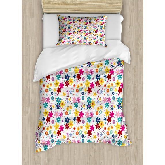 Kids Duvet Cover Set Twin Size, Colorful Floral Arrangement with Smiling Faces Dots and Circles Abstract Composition, Decorative 2 Piece Bedding Set with 1 Pillow Sham, Multicolor, by Ambesonne