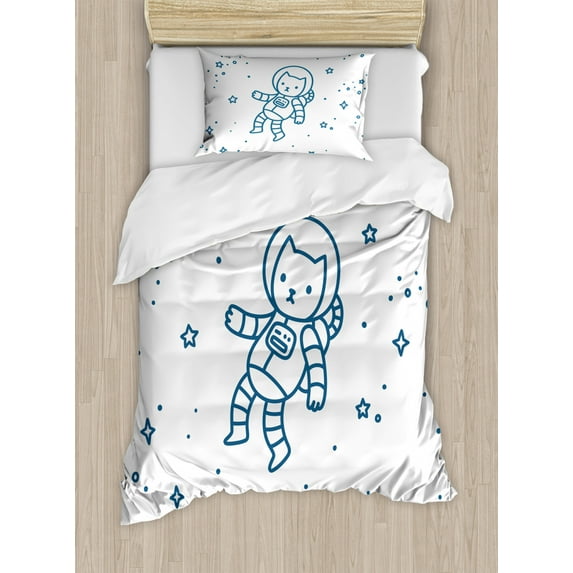 Kids Duvet Cover Set Twin Size, Cute Cartoon Astronaut Pioneer Cat Flying in Outer Space Doodle Style Constellation, Decorative 2 Piece Bedding Set with 1 Pillow Sham, Dark Blue, by Ambesonne