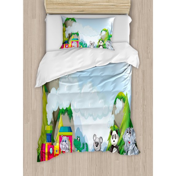 Kids Duvet Cover Set Twin Size, Various Animals Riding on Train in the Park with Mountains Cartoon Style Illustration, Decorative 2 Piece Bedding Set with 1 Pillow Sham, Multicolor, by Ambesonne