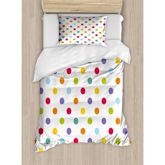 Kids Duvet Cover Set Twin Size, Vintage Polka Dots in Pastel Colors on Blank Background Cheerful Design Illustration, Decorative 2 Piece Bedding Set with 1 Pillow Sham, Multicolor, by Ambesonne