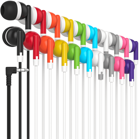 Kids Earbuds Headphones Bulk Wholesale Earphones for School Classrooms, Libraries, Museums, Healthcare Facility, Hospitals, Gifts, Individually Bagged, Wired 3.5 mm Plug (10 Pack, Multi Colors)