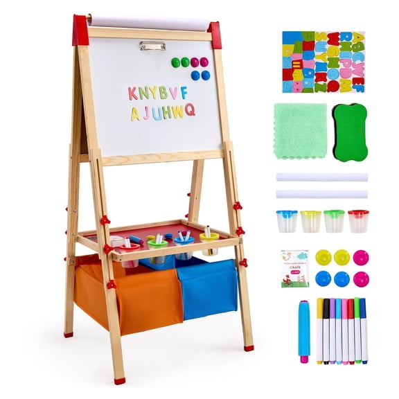Kids Easel 3-in-1, Wooden Art Easel for Kids Double Sided with Paper Roll, Magnetic Whiteboard & Chalkboard, Adjustable Height Drawing Board for Toddlers, Art Supplies Included