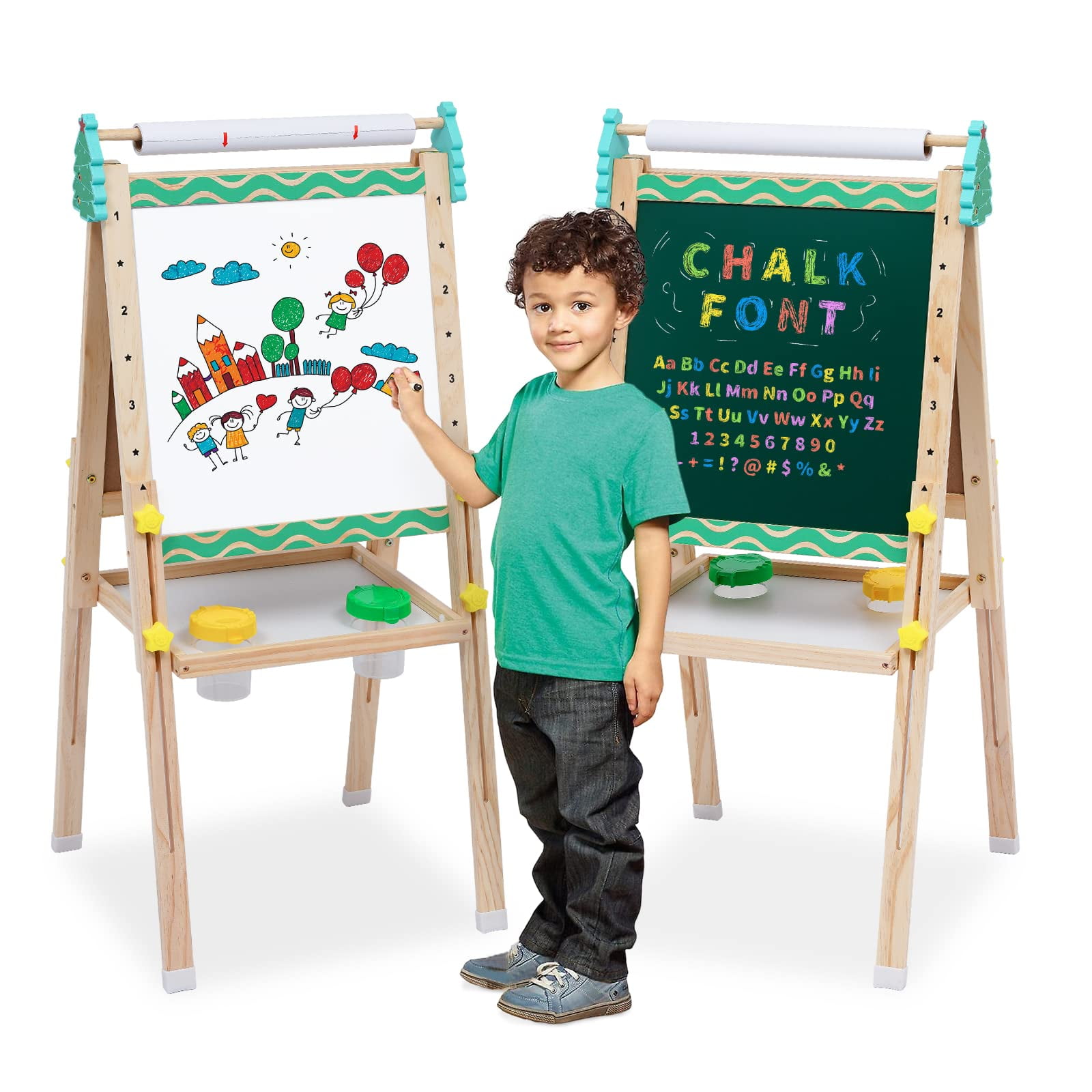 Kids Easel with Paper Roll Wooden Art Easel DoubleSided Whiteboard