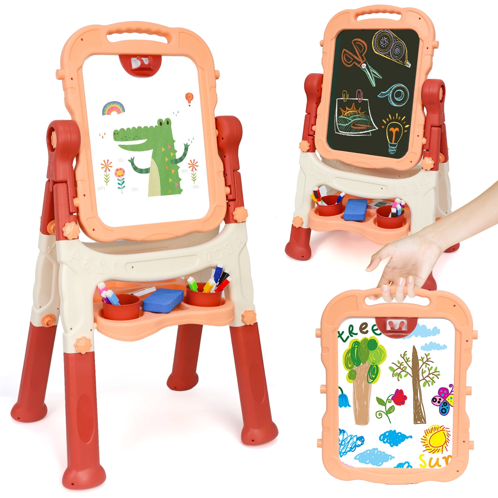 Kids Easel for Toddlers Age 3+, Art Magnetic White Board & Chalkboard Double Side Adjustable Stand, Drawing Writing Learning Educational Toy for 3 4 5 Year Boys Girl Birthday Gifts, Pink