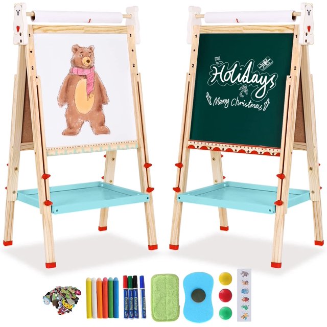 Kids Easel with Paper Roll DoubleSided Whiteboard & Chalkboard