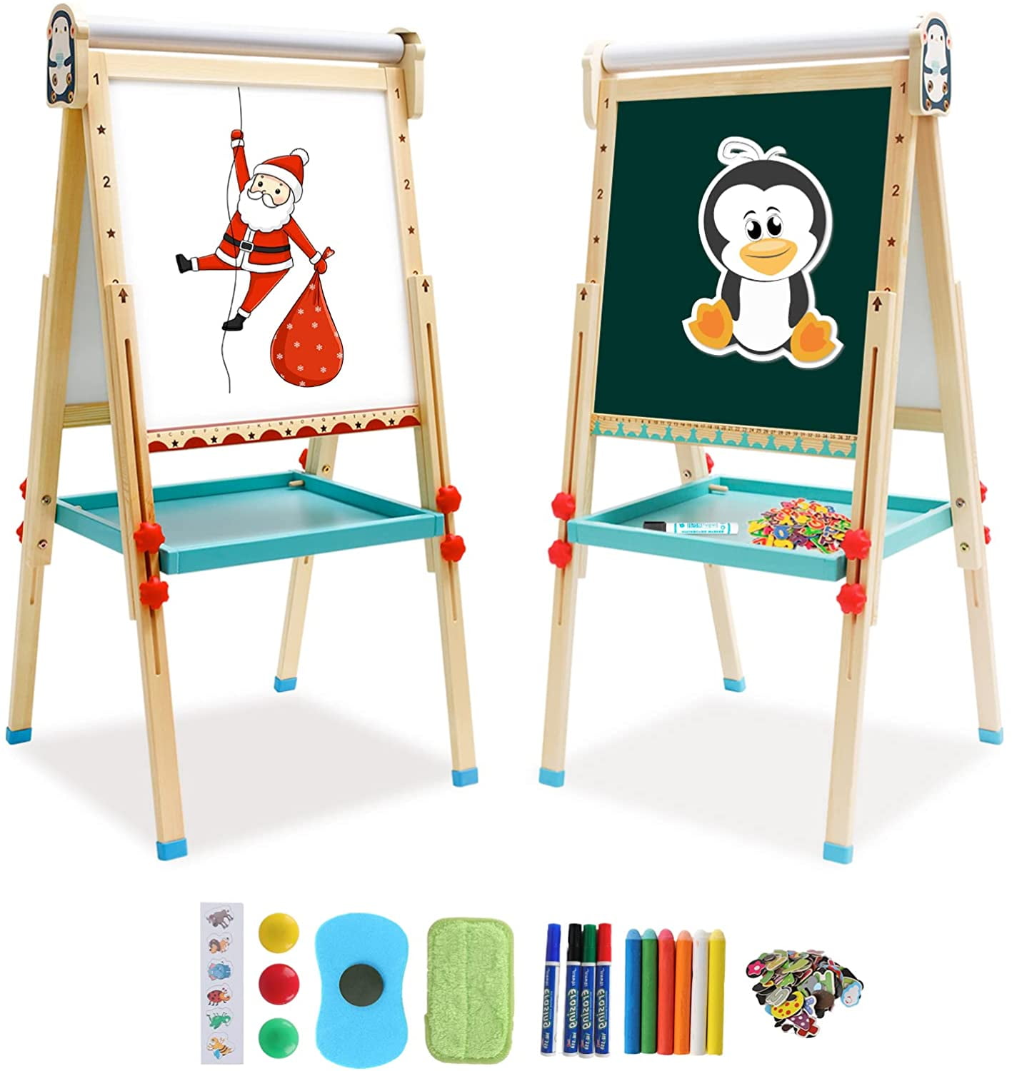 Kids Easel with Paper Roll，Double-Sided Drawing Easel-Dry Erase Board &  Chalkboa