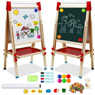TOOKYLAND Wooden Easel for Kids - Adjustable Height Stand with Magnetic  Whiteboard, Chalkboard, Paper Roll, Magnets, Drawing and Painting  Accessories;