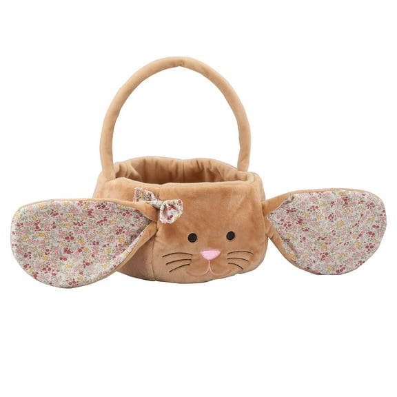 Kids Easter Basket, Plush Brown Bunny with Floppy Floral Ears