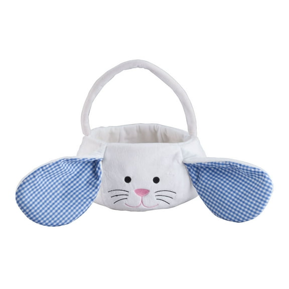 Kids Easter Basket, Plush White Bunny With Floppy Gingham Ears