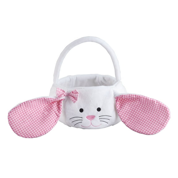 Kids Easter Basket, Plush White Bunny with Floppy Gingham Ears